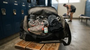 A gym bag packed with a water bottle and a light and fresh perfume for daily wear.