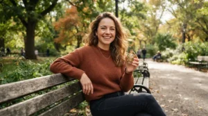 A smiling woman outdoors in a sunny park with her favorite light and fresh perfume for daily wear.
