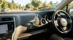 A car center console holding a bottle of light and fresh perfume for daily wear during a road trip.