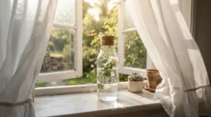 A glass bottle of light and fresh perfume for daily wear sitting on a windowsill with airy curtains.
