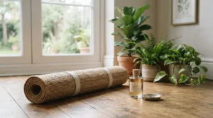 A yoga mat and a bottle of light and fresh perfume for daily wear inside a peaceful studio.