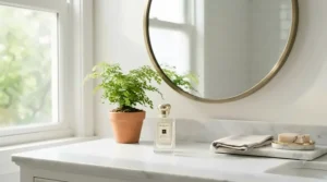 A lightweight men's cologne bottle as part of a clean morning grooming routine in a bright bathroom