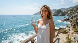 A woman testing a long-lasting everyday perfume for humid climates before walking out to a hot Miami beach.