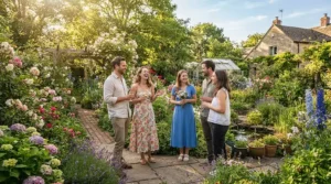 Guests socializing outdoors with a long-lasting everyday perfume for humid climates during a humid Georgia afternoon.