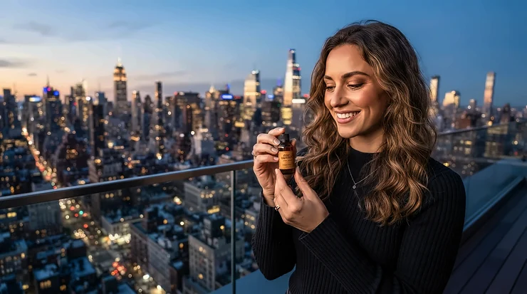 A woman refreshing her long-lasting everyday perfume for humid climates at a Manhattan rooftop lounge.