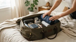 A traveler packing a long-lasting everyday perfume for humid climates into a weekend bag for a Florida vacation.