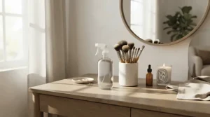A collection featuring a long-lasting everyday perfume for humid climates organized on a modern bedroom vanity.