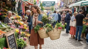 A shopper carrying a long-lasting everyday perfume for humid climates in a shopping bag at a bustling outdoor farmers market.
