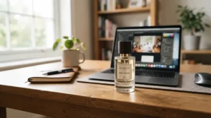 A sleek men's office cologne bottle resting neatly on a tidy modern wooden desk next to a laptop