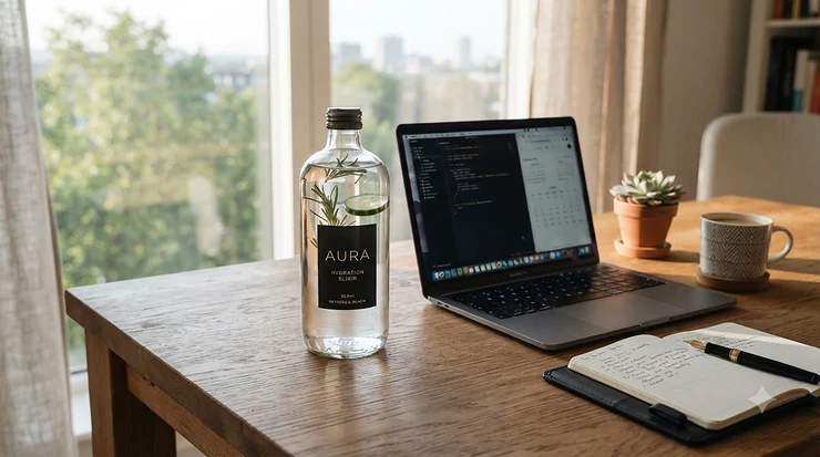 A minimalist glass fragrance bottle sitting neatly on a polished wooden desk, perfect for men's office cologne that's not overpowering.