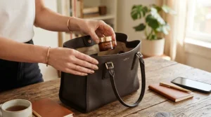 A medical staff member packing a work bag with sensitive-skin products for perfume for healthcare workers with fragrance-free policies.