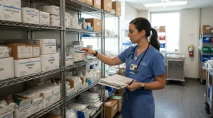 A medical assistant organizing supplies in a clinic supply room, highlighting perfume for healthcare workers with fragrance-free policies.