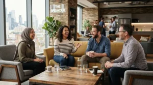 Happy coworkers chatting comfortably in a lounge area using an office-safe perfume for scent-sensitive coworkers.
