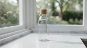 A sleek glass bottle representing an office-safe perfume for scent-sensitive coworkers resting on a marble countertop.