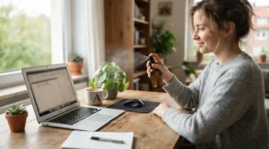 A professional applying a subtle office-safe perfume for scent-sensitive coworkers at a clean wooden desk.