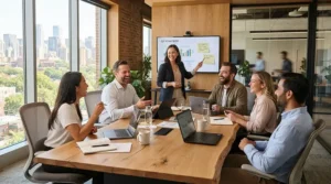 Coworkers collaborating comfortably in a conference room while wearing office-safe perfume for scent-sensitive coworkers.