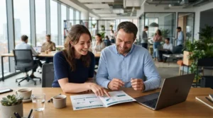 Two colleagues collaborating warmly in a bright shared workspace using an office-safe perfume for scent-sensitive coworkers.