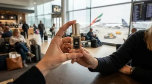 A compact travel atomizer representing office-safe perfume for scent-sensitive coworkers on the go.