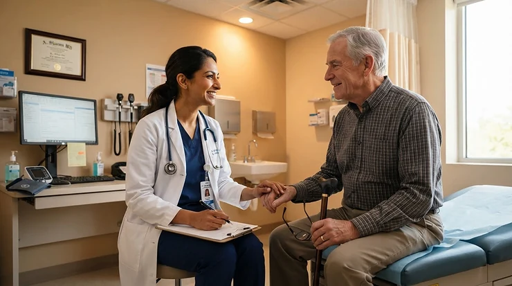 A doctor consulting a patient, demonstrating perfume for healthcare workers with fragrance-free policies.