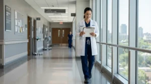 A clinical specialist walking down a hospital corridor representing perfume for healthcare workers with fragrance-free policies.