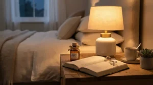 A gentle bottle of perfume for sensitive skin daily use resting on a cozy wooden bedside table at night.