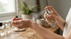 A person applying perfume for sensitive skin daily use on their wrist in a sunlit bathroom.