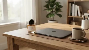 A minimalist bottle of perfume for sensitive skin daily use sitting neatly on a clean wooden office desk.