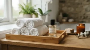 A bottle of perfume for sensitive skin daily use placed beside fluffy white towels for a relaxing spa vibe.