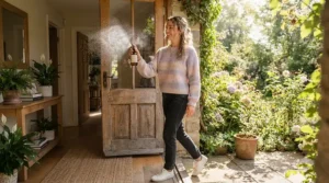 A woman spraying perfume for sensitive skin daily use before heading out in a light spring outfit.