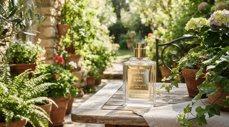 A refreshing bottle of perfume for sensitive skin daily use sitting outdoors on a bright sunny patio table.
