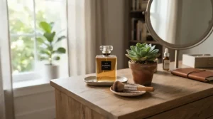 A glass bottle of perfume for sensitive skin daily use displayed elegantly on a modern white vanity table.