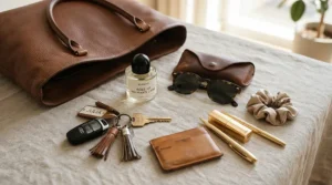 A casual handbag essentials flat lay including perfumes for layering everyday scents for on-the-go touch-ups.