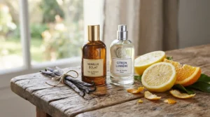 Botanical ingredients and perfumes for layering everyday scents highlighting complementary scent notes.