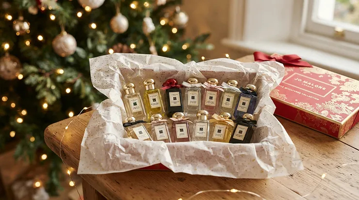 A beautifully wrapped gift box revealing perfumes for layering everyday scents for a special occasion.