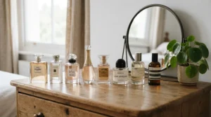 A morning vanity setup featuring favorite perfumes for layering everyday scents for casual daily wear.