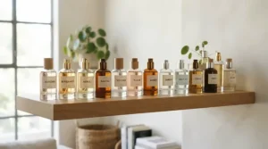 Personal scent customization displayed with various perfumes for layering everyday scents on a clean shelf.