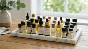 An unboxing flat lay showing starter set perfumes for layering everyday scents on a minimalist vanity tray.