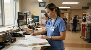A healthcare worker organizing medical supplies while staying fresh using perfume for healthcare workers with fragrance-free policies.