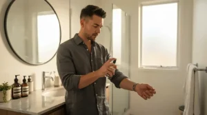 A professional man applying a subtle men's office cologne that's not overpowering before heading to work