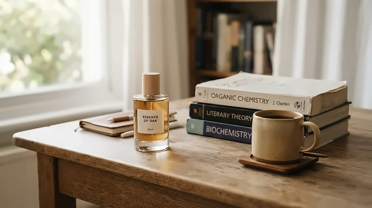 An affordable subtle perfume for college students displayed neatly on a wooden desk next to textbooks.