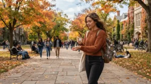 Applying a subtle perfume for college students outdoors on a bustling autumn campus walkway.