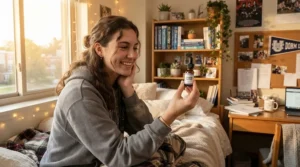 A college student applying a subtle perfume for college students in a tidy university dorm room.