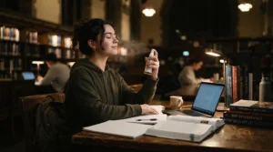 A student using a subtle perfume for college students quietly during a late-night study session.