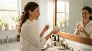 A college student including a subtle perfume for college students in their quick morning routine.