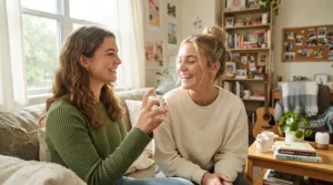 Two roommates discussing a subtle perfume for college students respectfully in shared student housing.