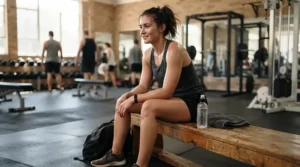 A fitness enthusiast resting on a bench with a travel size body spray for gym bag nearby.