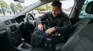 A man grabbing a travel size body spray for gym bag from his duffel bag inside a parked car.
