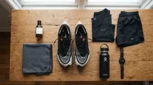 A flat lay arrangement featuring a travel size body spray for gym bag alongside a towel and sneakers.