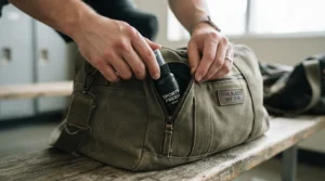 A person packing a travel size body spray for gym bag into the side pocket of a canvas duffel.
