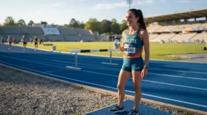 An athlete holding a travel size body spray for gym bag while cooling down on an outdoor track.